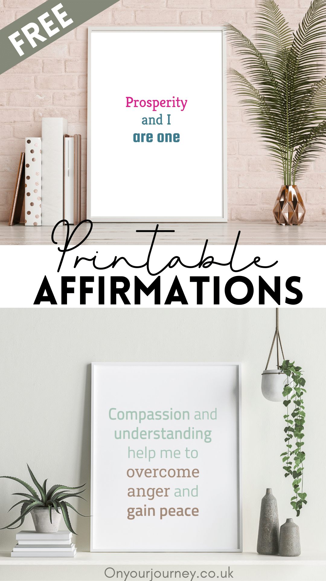 Free printable affirmation posters. These are great to display around your desk or in your room to slowly and subconsciously absorb these positive messages. Set of seven to use for affirmation posters or affirmation cards.