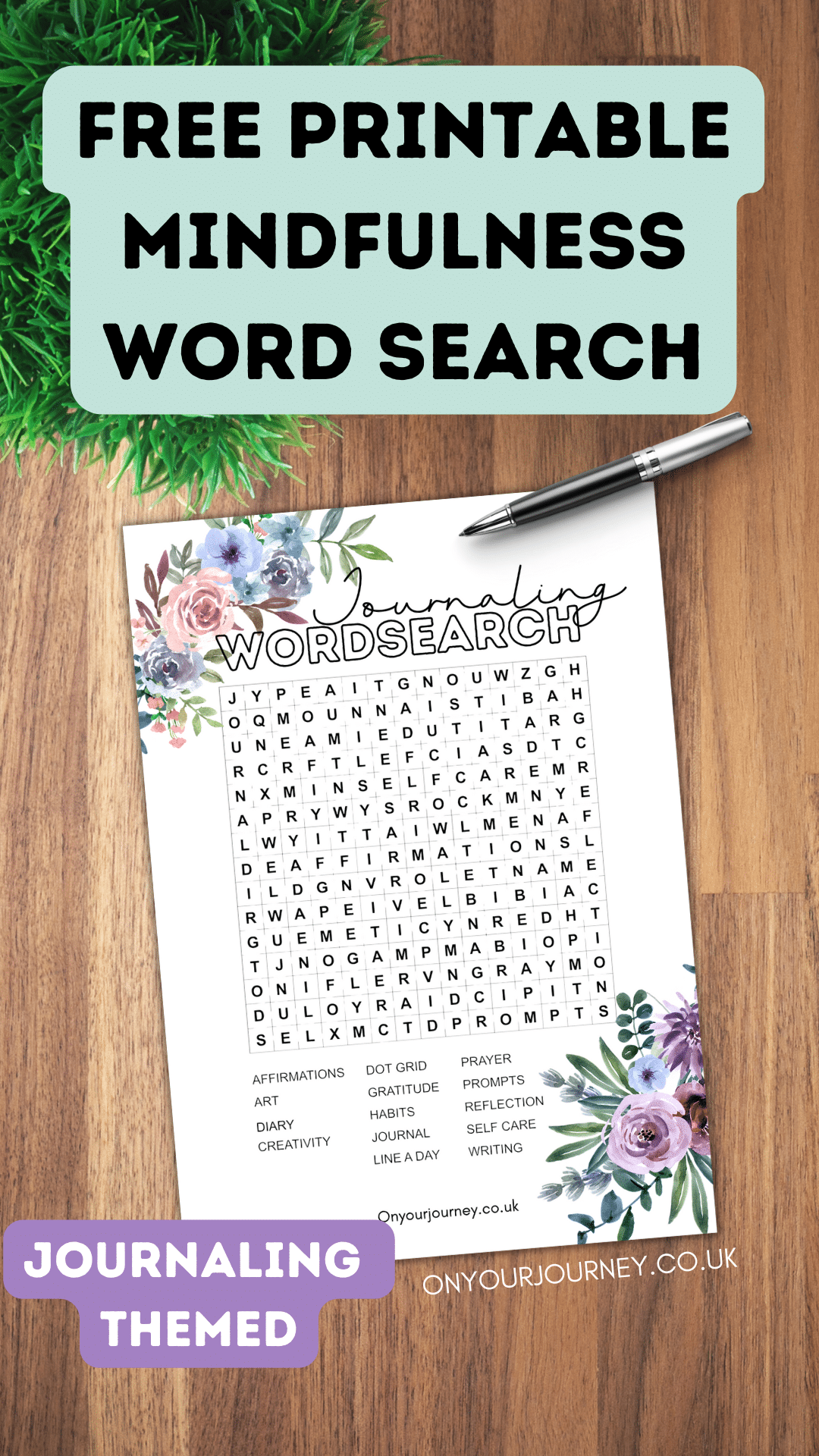 free printable mindful word search with journaling themed words