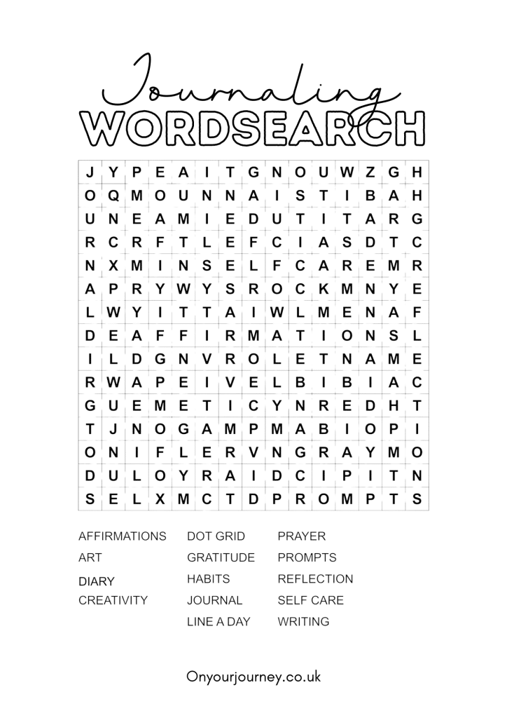 free printable journaling word search pages. Find journaling themed words and practice mindfulness with this free puzzle. Minimalist version for black and white printer