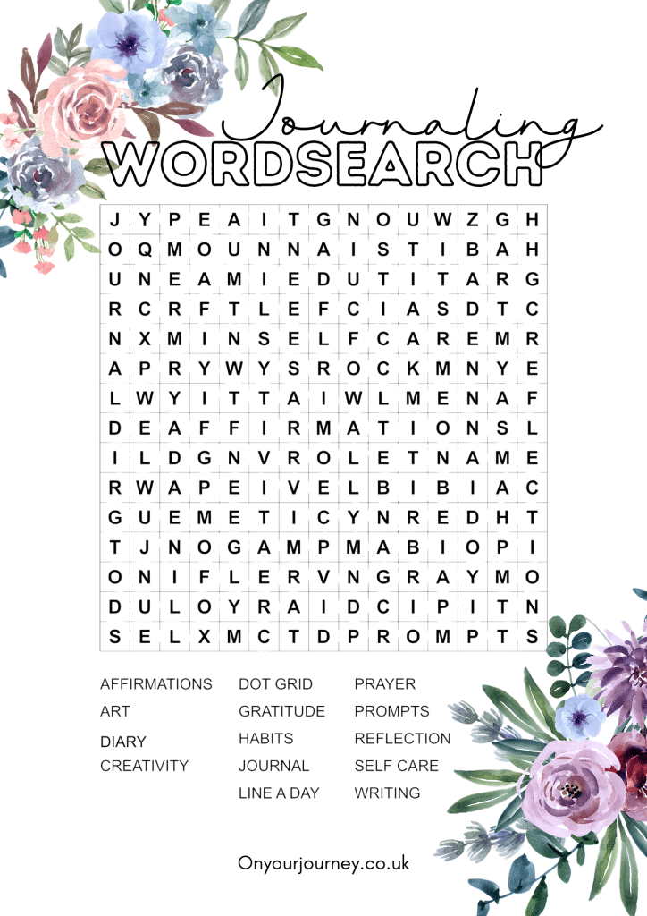 free printable journaling word search pages. Find journaling themed words and practice mindfulness with this free puzzle