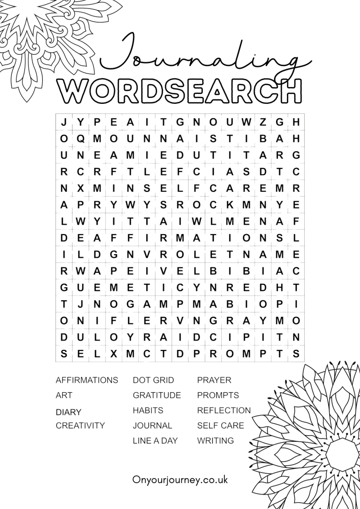 free printable journaling word search pages. Find journaling themed words and color the mandala decorations with this free puzzle page