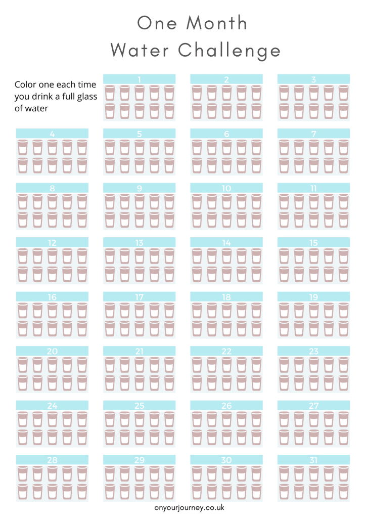 30 days hydration challenge free printable water drinking tracker