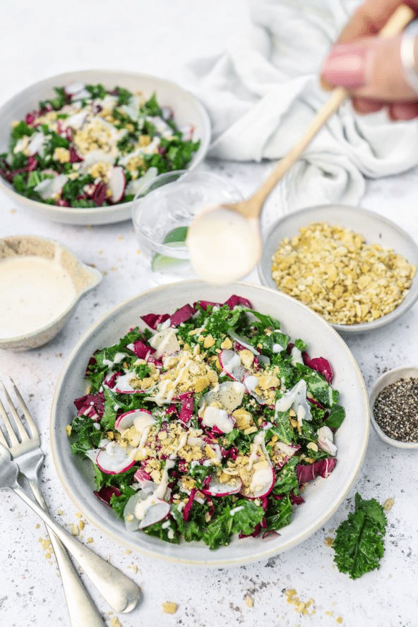 kale radish salad with lime caesar dressing