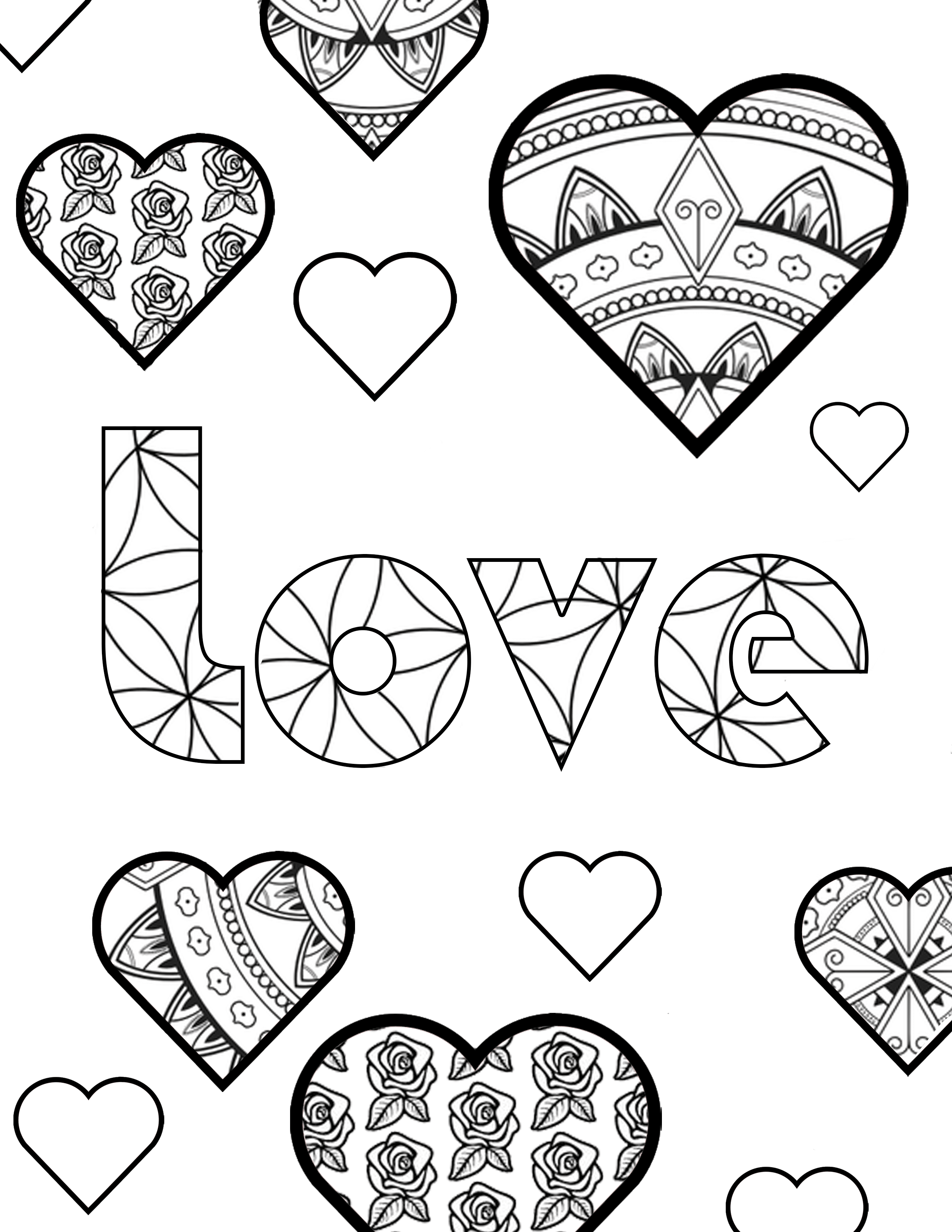 love coloring page with hearts and words for adult coloring