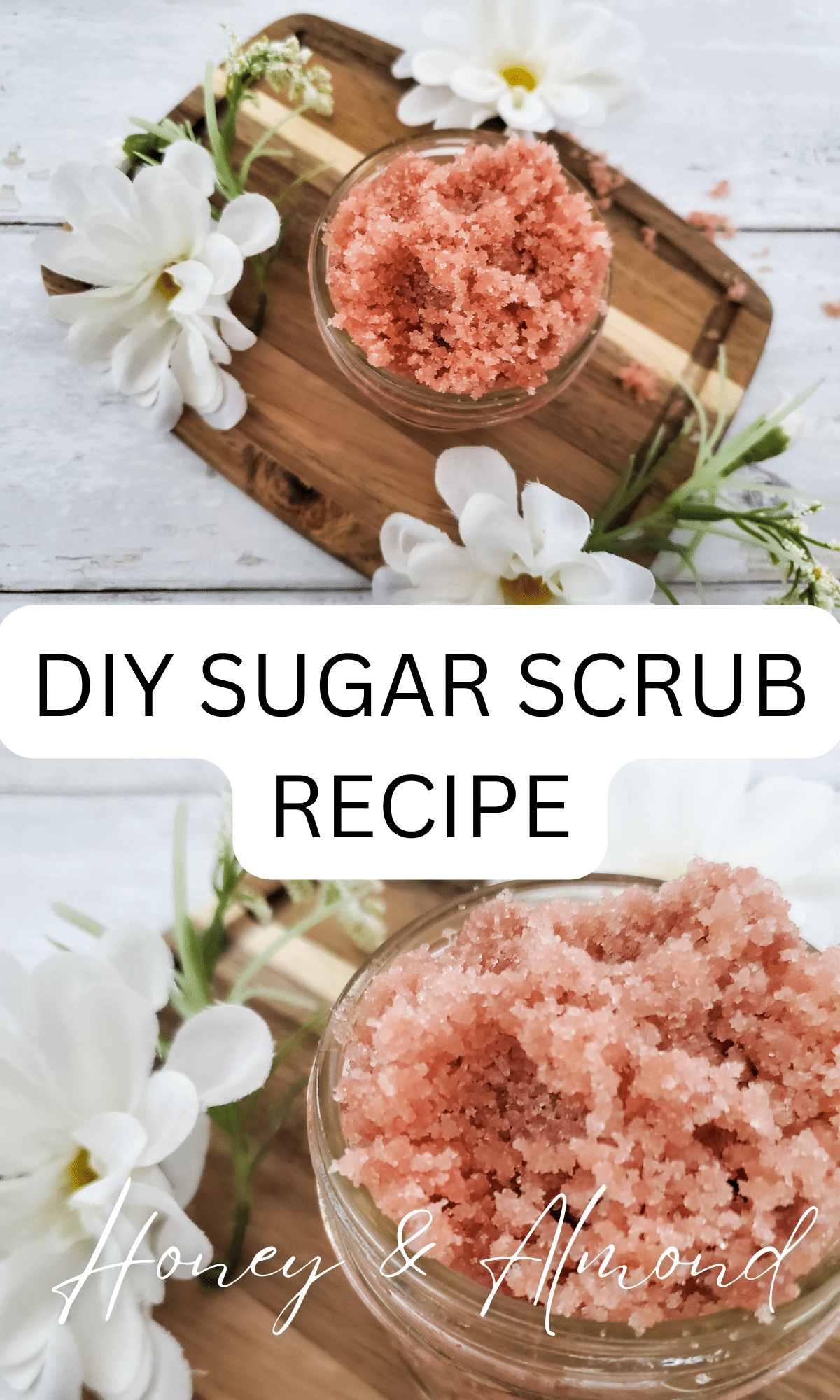 DIY Sugar scrub recipe with honey and almond.