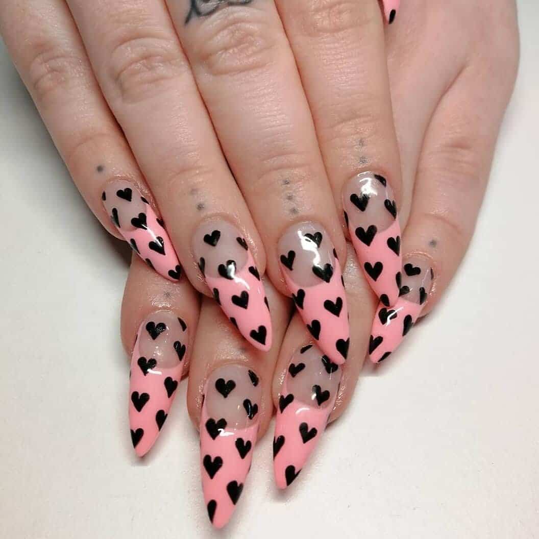 valentines long acrylic nails pink and black with hearts