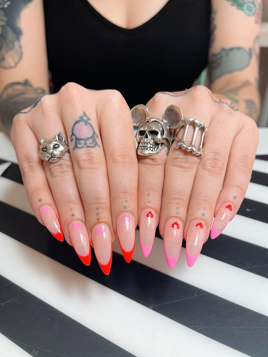 red and pink clashing valentines nails
