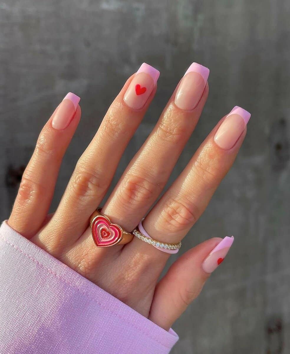 pink tips French set valentines nails