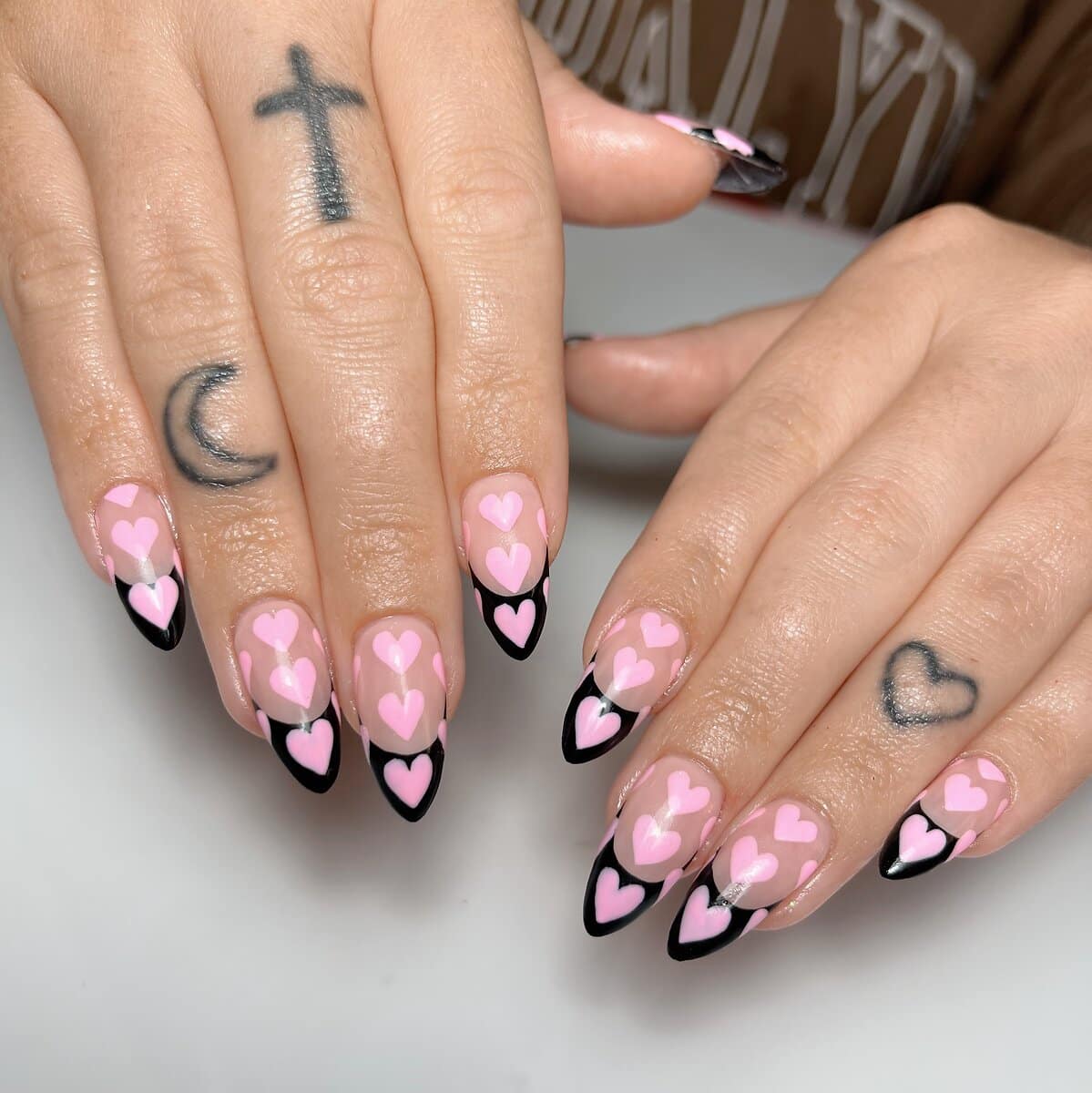 black and pink valentines hearts nail design