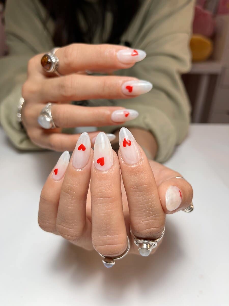 white base red heart valentines day nail design