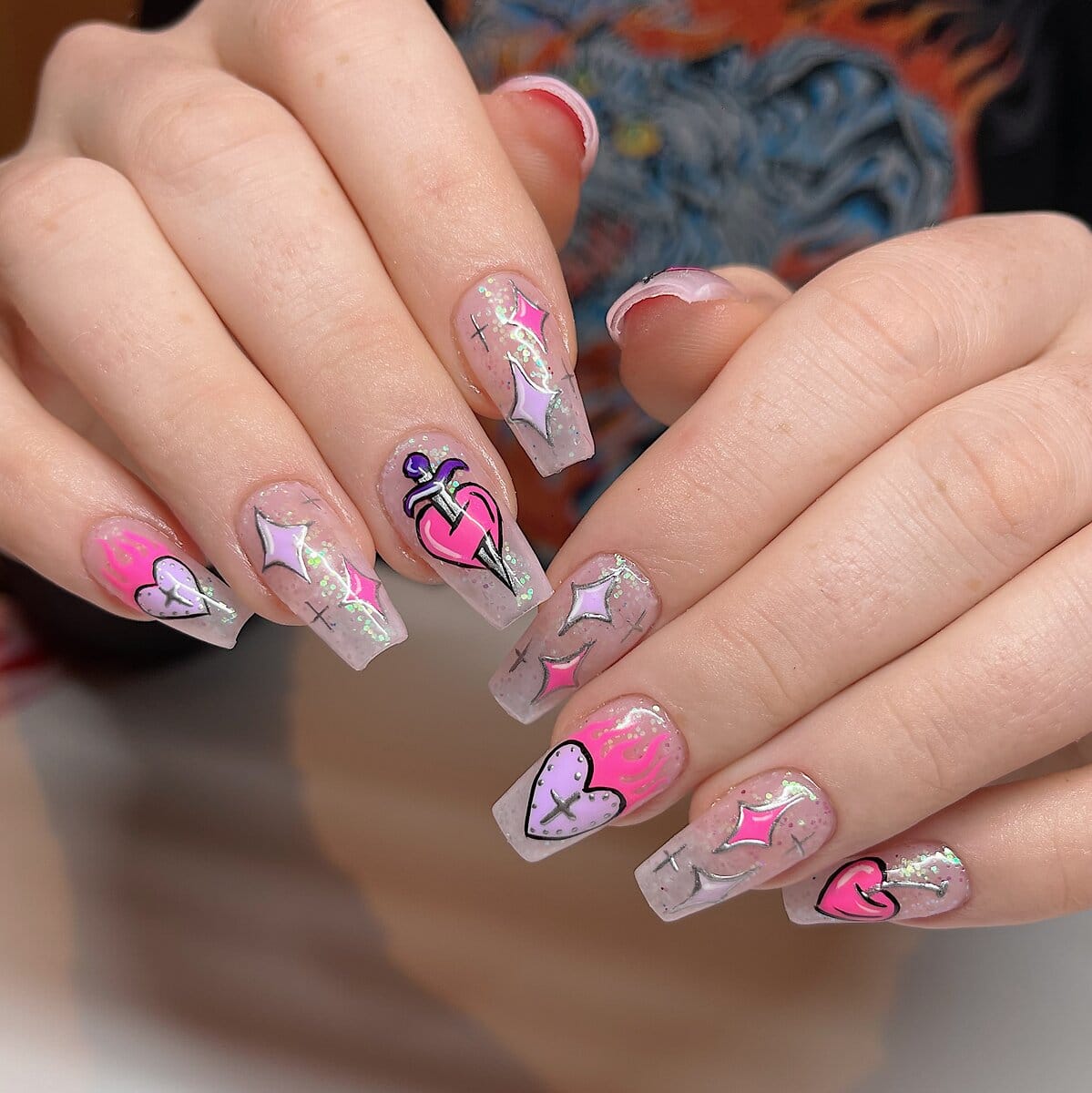 cartoon hearts valentine nail design