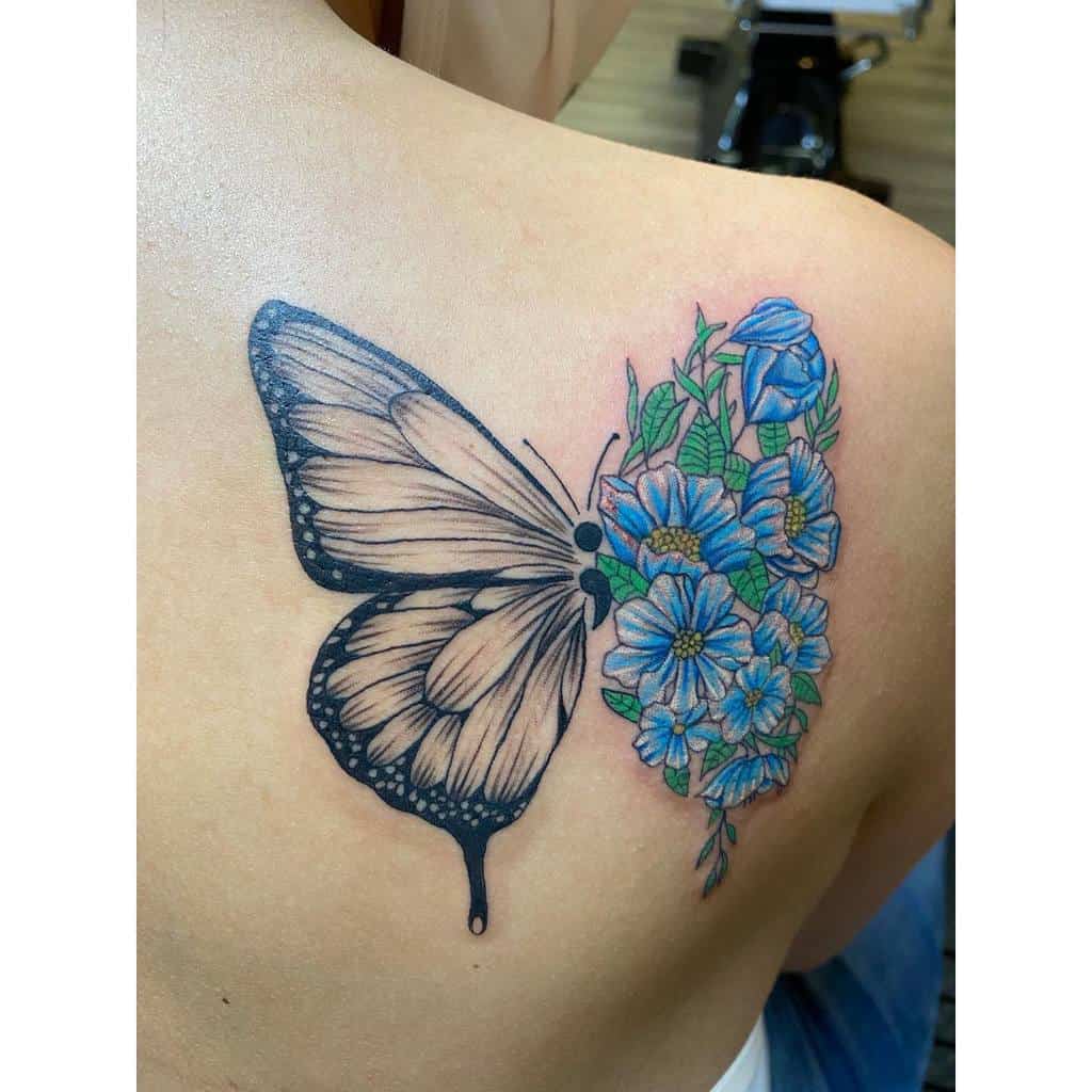 butterfly flower tattoo design in blue