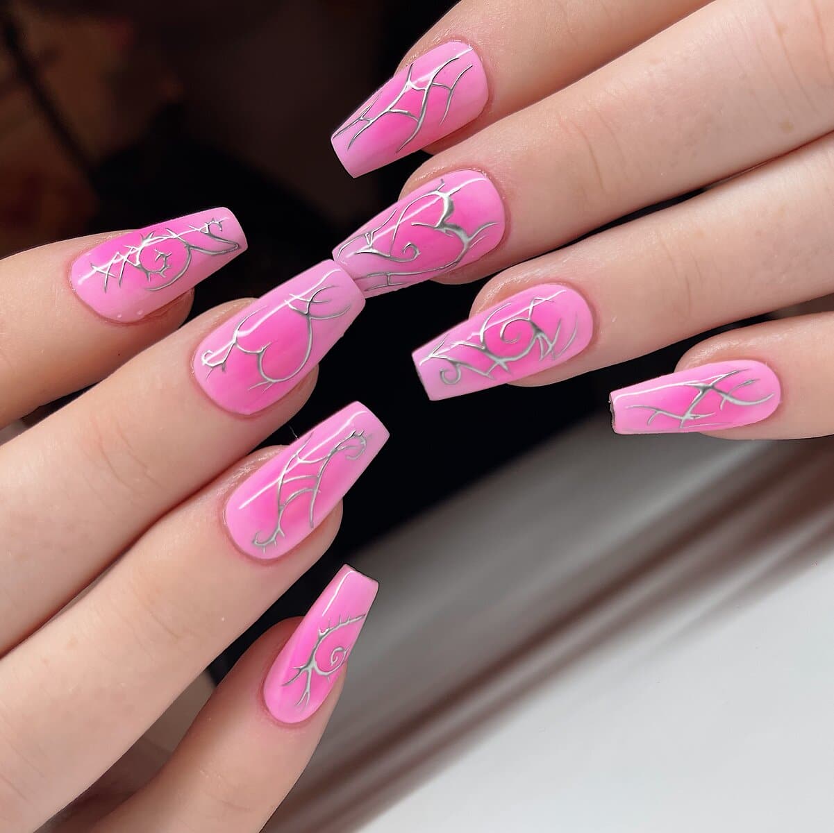 pink coffin valentines nail design