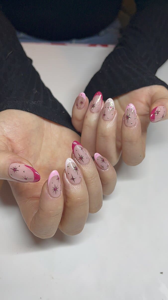 celestial pink nail design, different shades of pink tips for French set