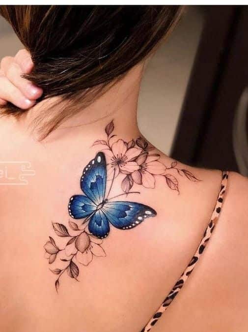 blue butterfly tattoo on shoulder