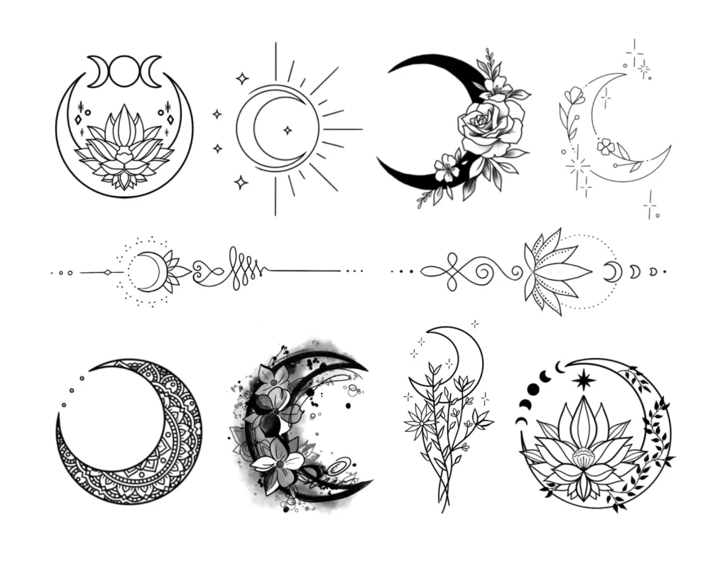 boho designs for moon tattoos with lotus and mandala crescent moon designs