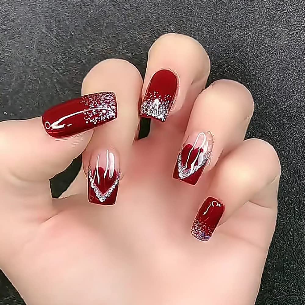 wine red and silver glitter valentines day nail design