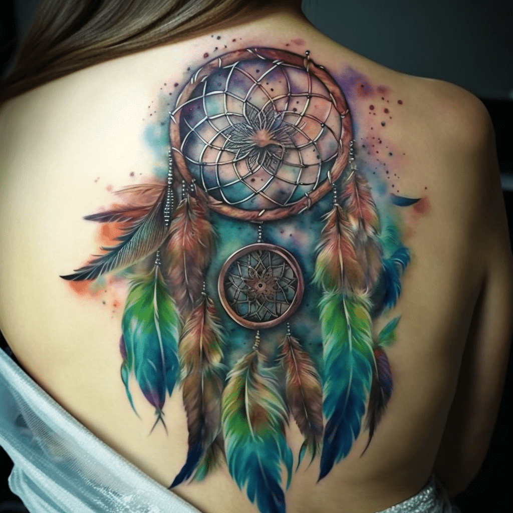colorful dream catcher tattoo on back 