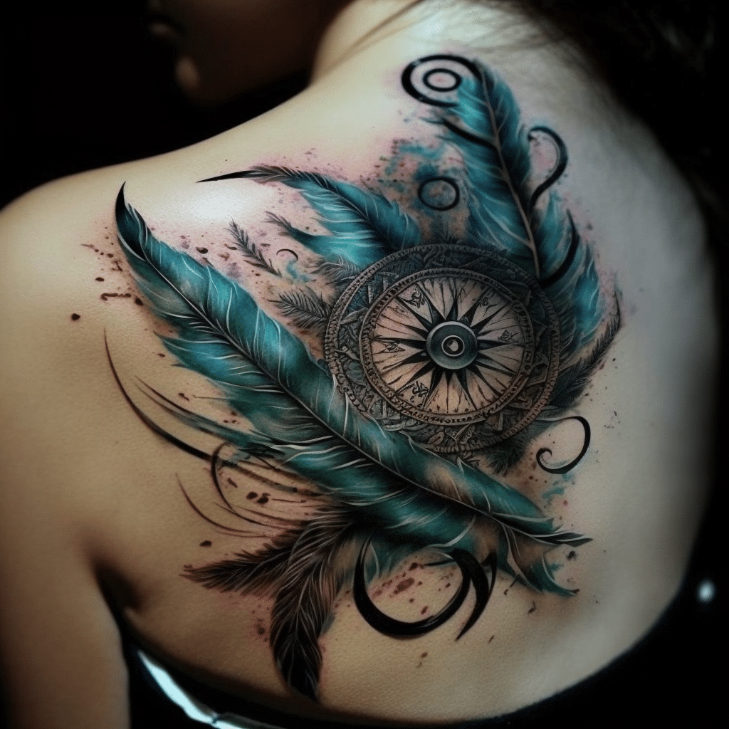 feather and compass tattoo design 