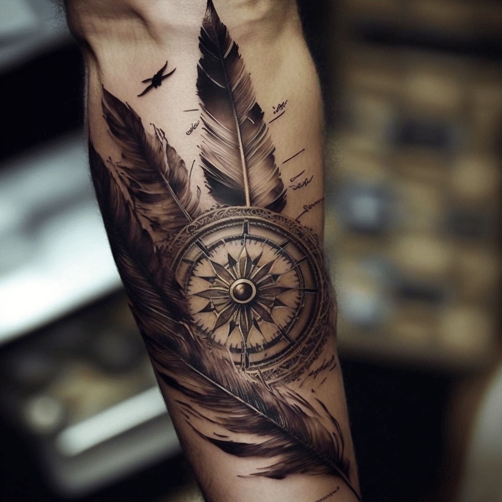feather and compass tattoo 
