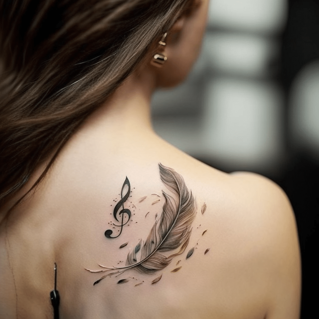tattoo of feather and music note 