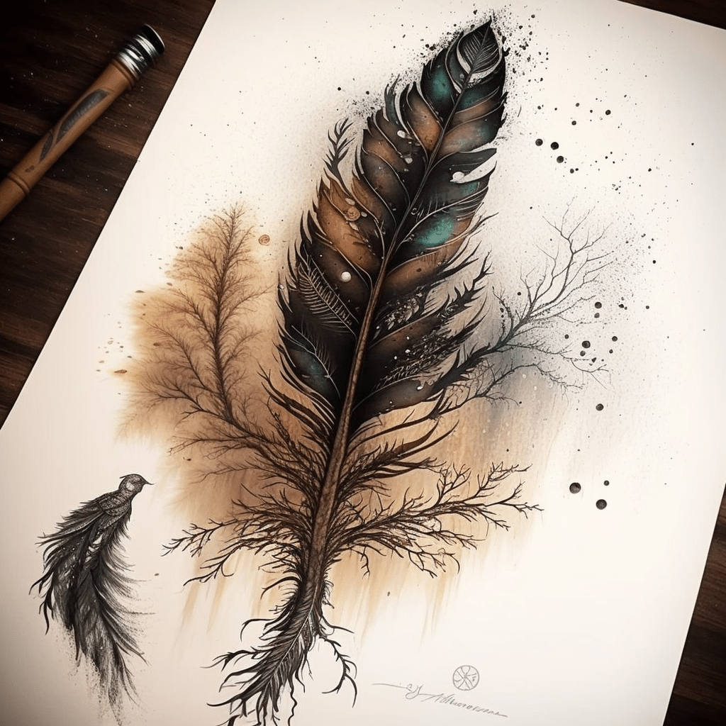 tree feather tattoo idea 