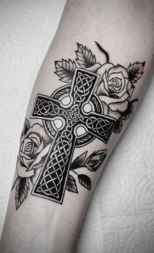 celtic cross tattoo with roses