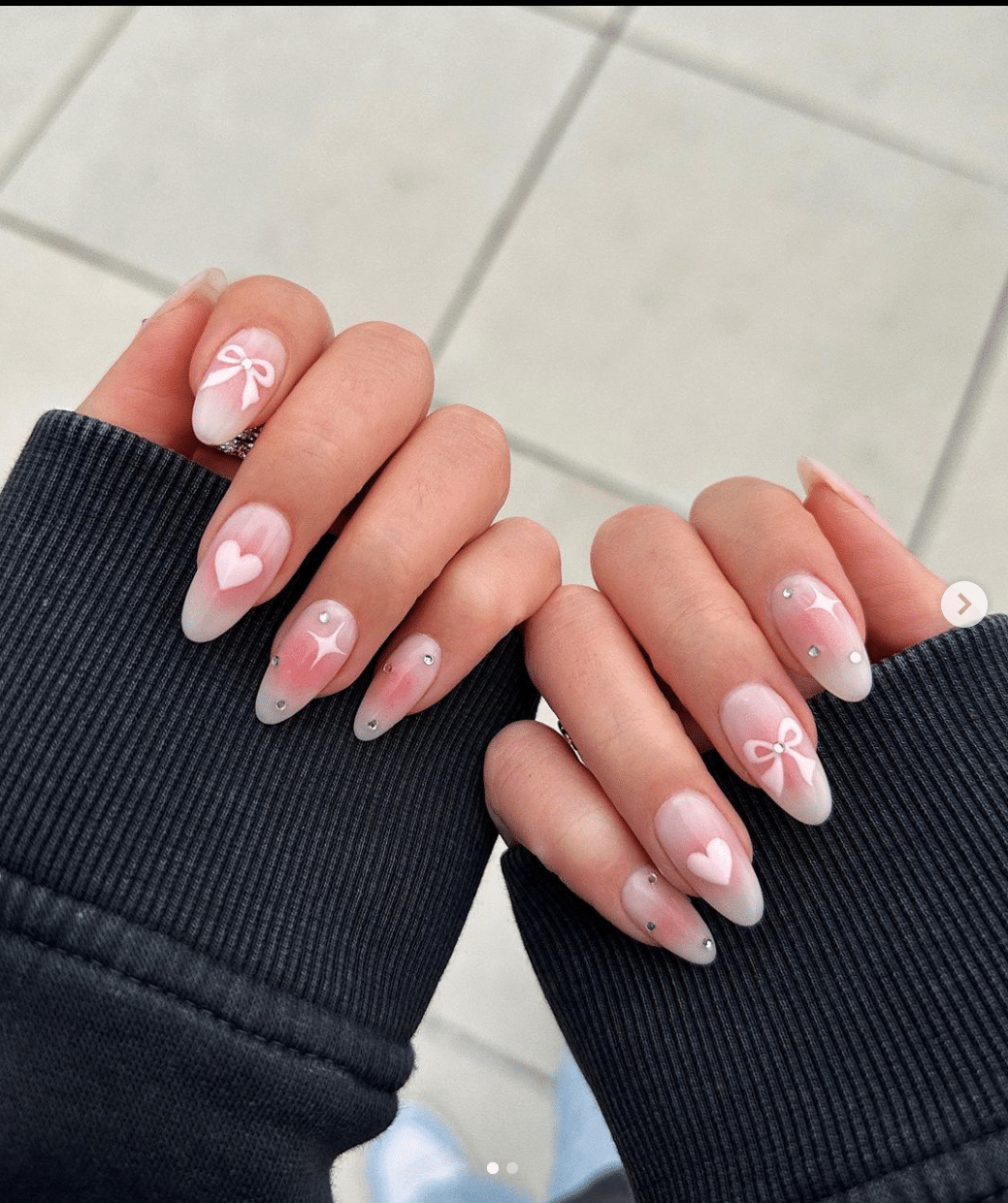 heart and bow white blush nails