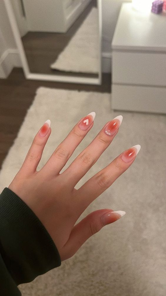 heart blush nails white French tips