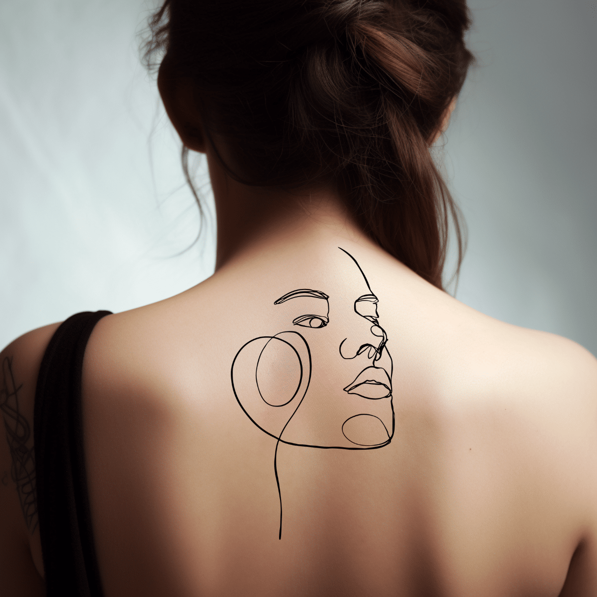 line art woman's face tattoo
