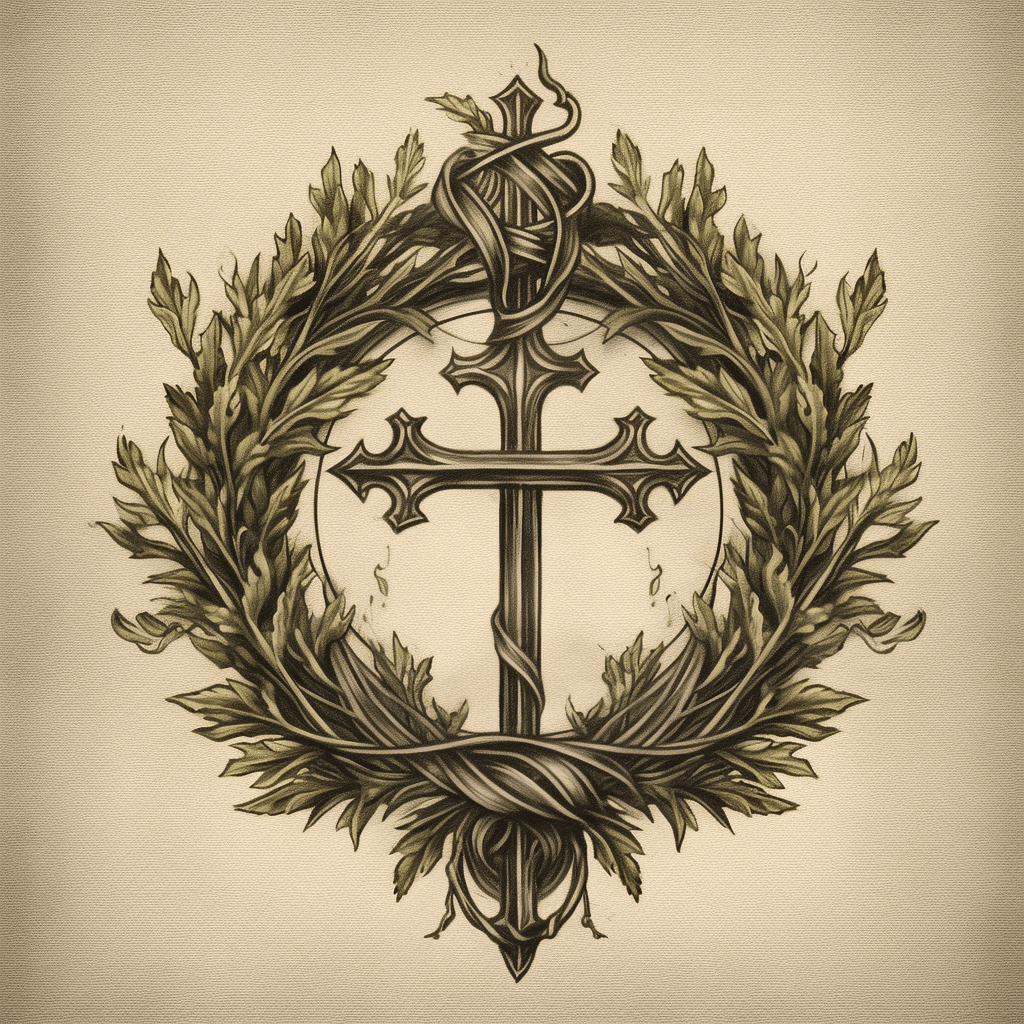 cross and olive wreath tattoo design