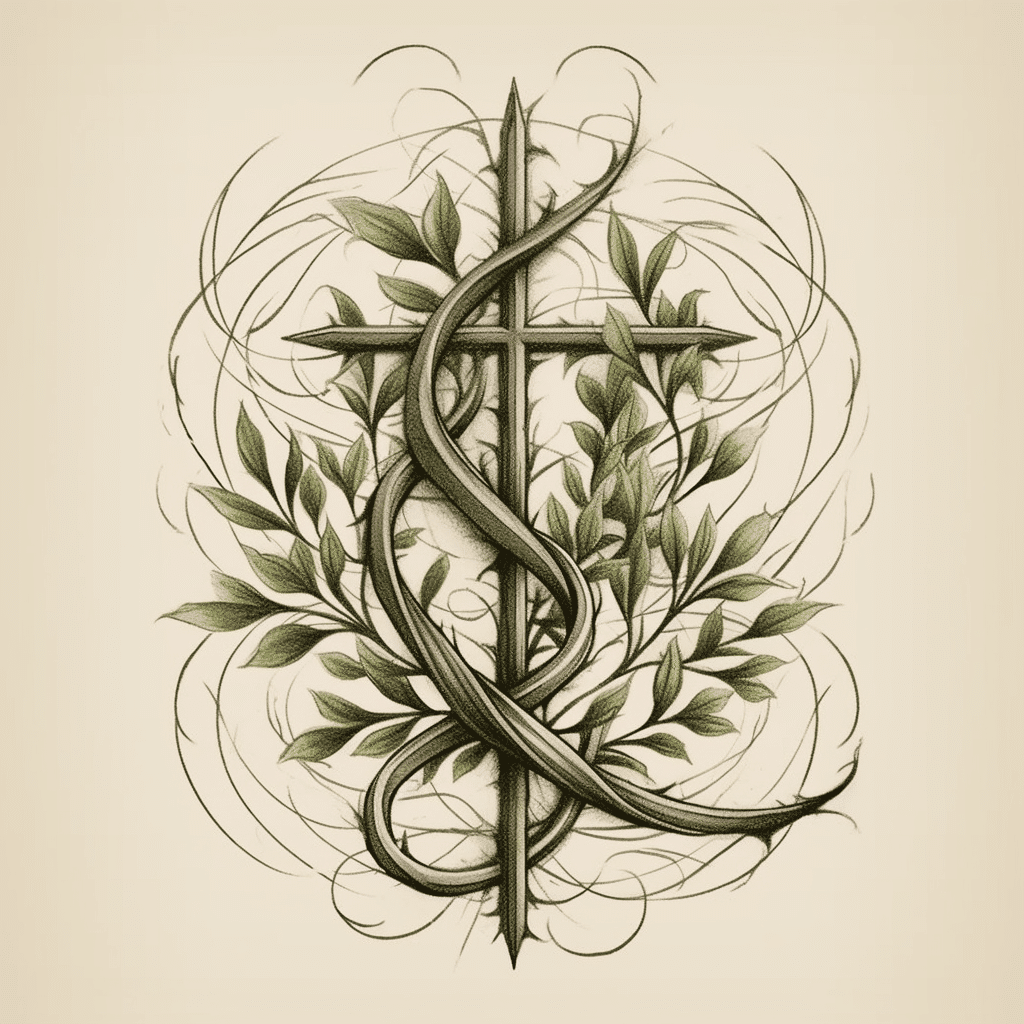symbolic cross and olive wreath olive branches tattoo design