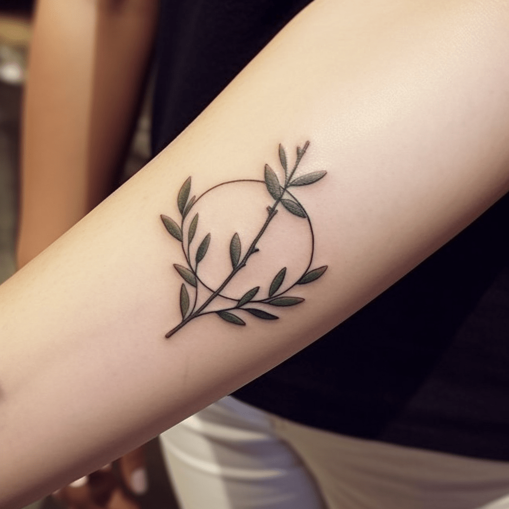 minimalist peace symbol olive branch tattoo design