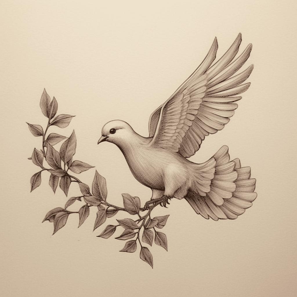 detailed realistic dove and olive branch drawing for tattoo design