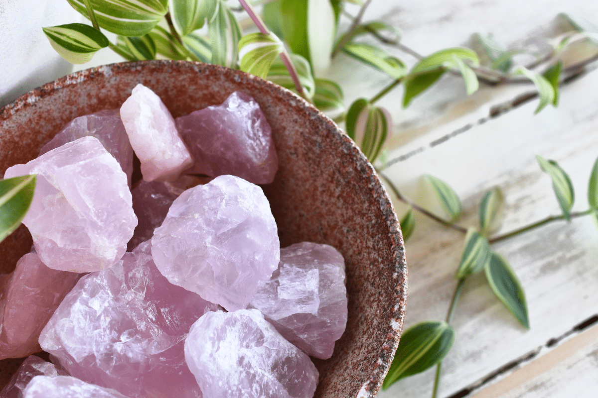 beautiful bowl of rose quartz crystals