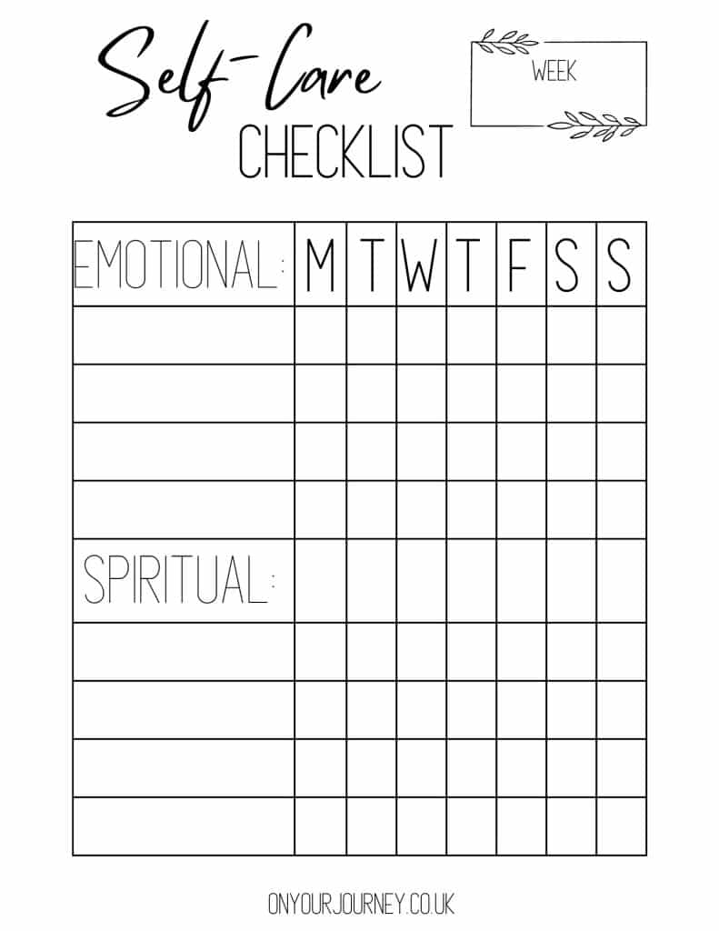 free printable weekly self care checklist for emotional and spirituall self care tasks