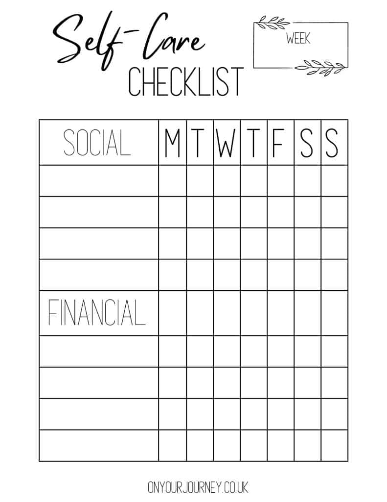 free printable weekly self care checklist for social and financiall self care tasks