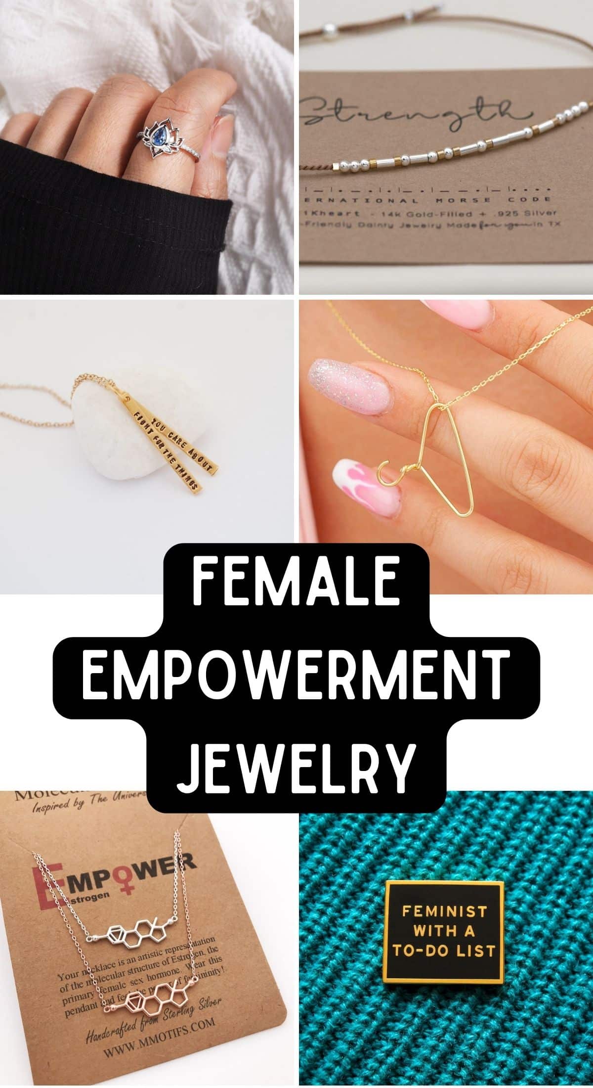 beautiful female empowerment jewelry pieces on Etsy