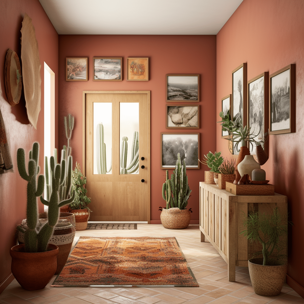 burnt orange walls, cactus and rugs, hallway decor