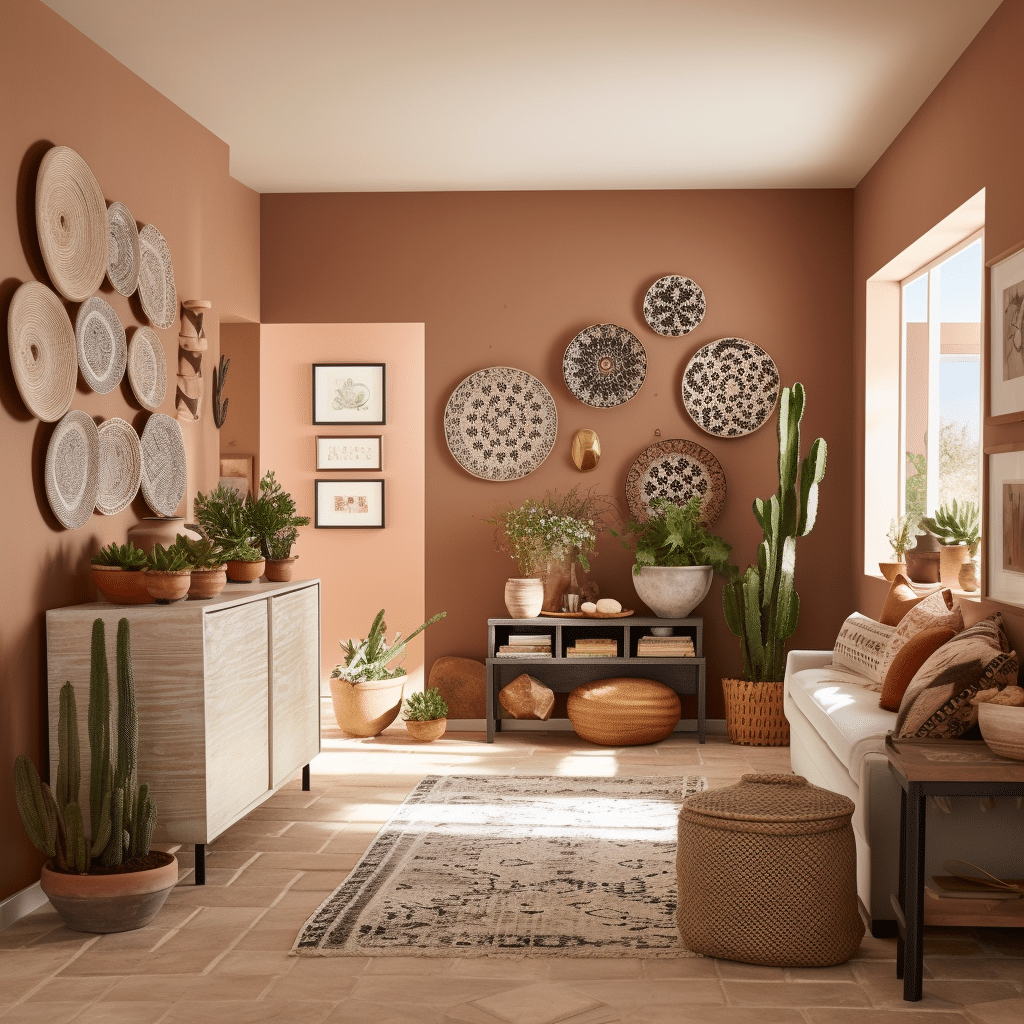 terracota color living room with cactus succulents and a natural nude earth tone color palette