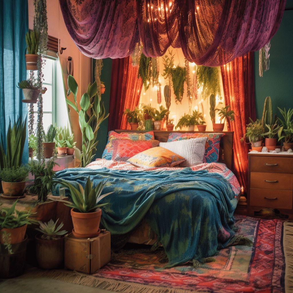 bohemian style bedroom with colorful fabrics and succulent plants