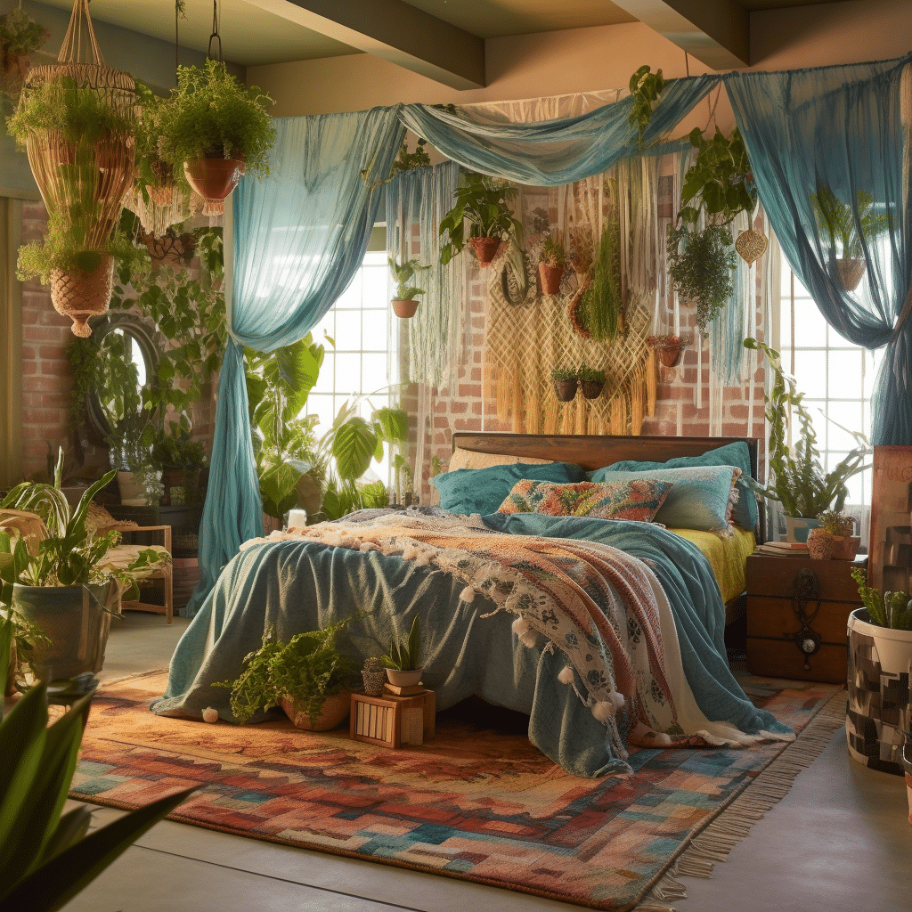 bohemian style bedroom with colorful fabrics macrame and succulent plants