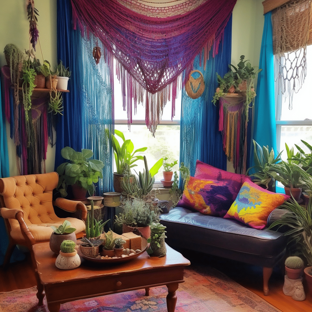 rainbow color bright bohemian style living room with cactus and succulents and fabric wall hangings
