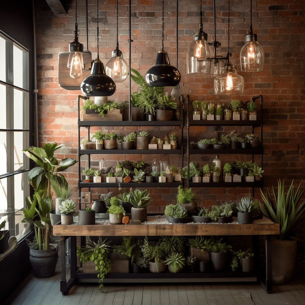 industrial style shelving with succulents and plants against a brick wall, modern lighting