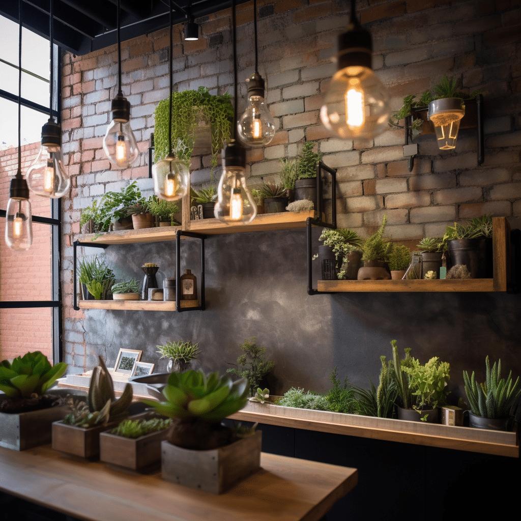 industrial style interior design with big light bulbs and succulent plant shelves exposed brick