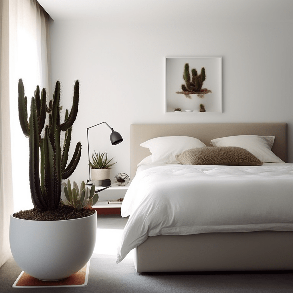 minimalist white bedroom with succulent plants