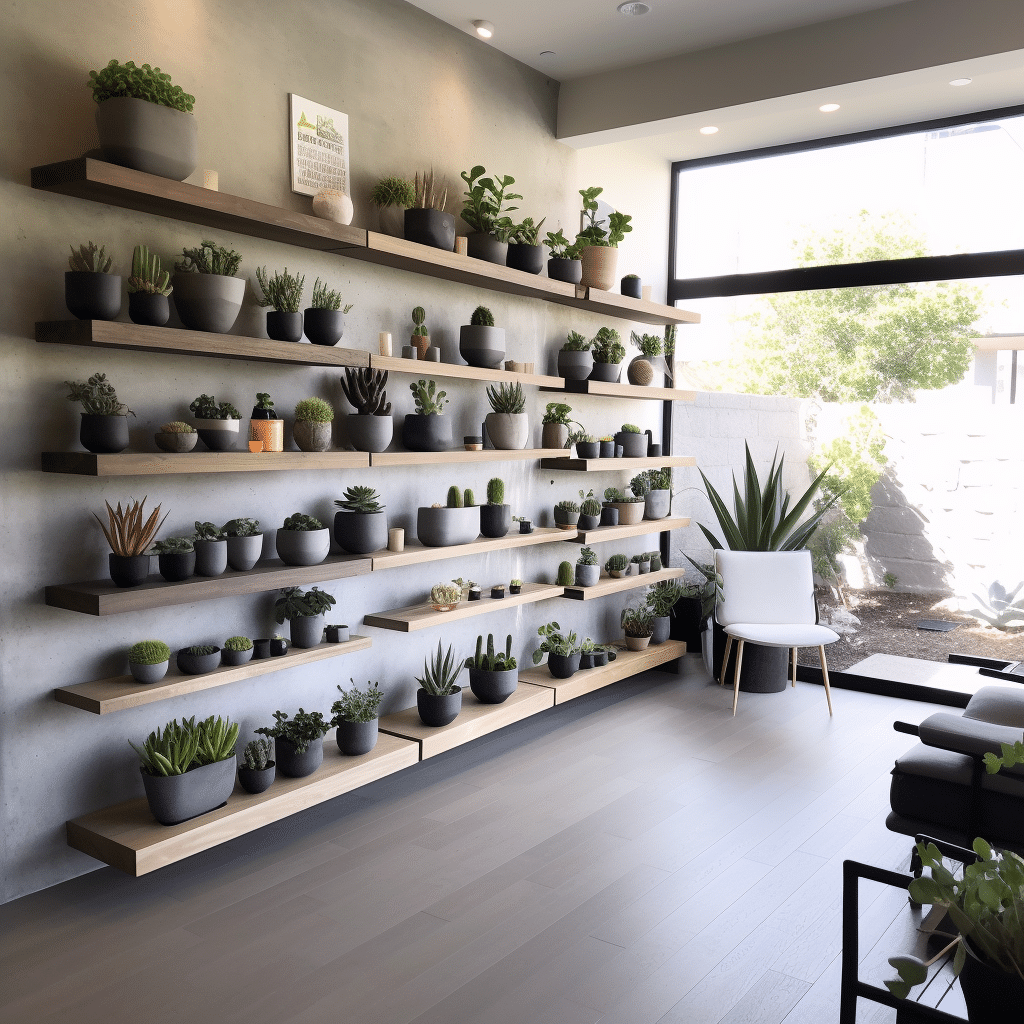 minimalist clean living area with plant wall