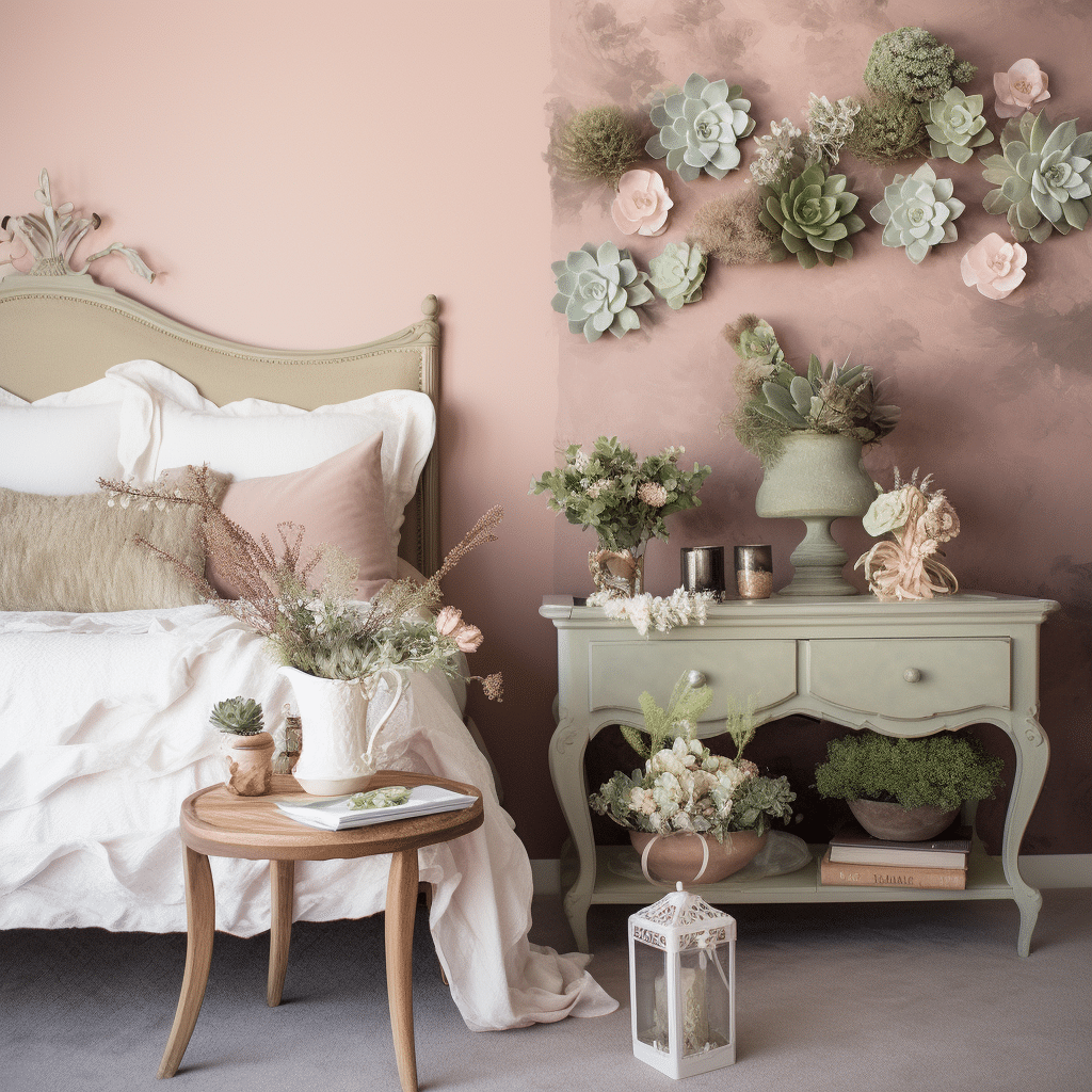 romantic rose color bedroom decor with succulents on the wall