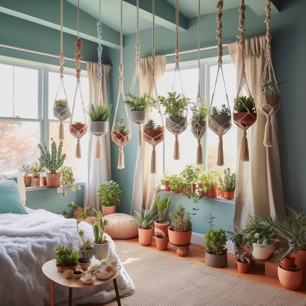 hanging plant pots with macrame, light teal ocean color walls