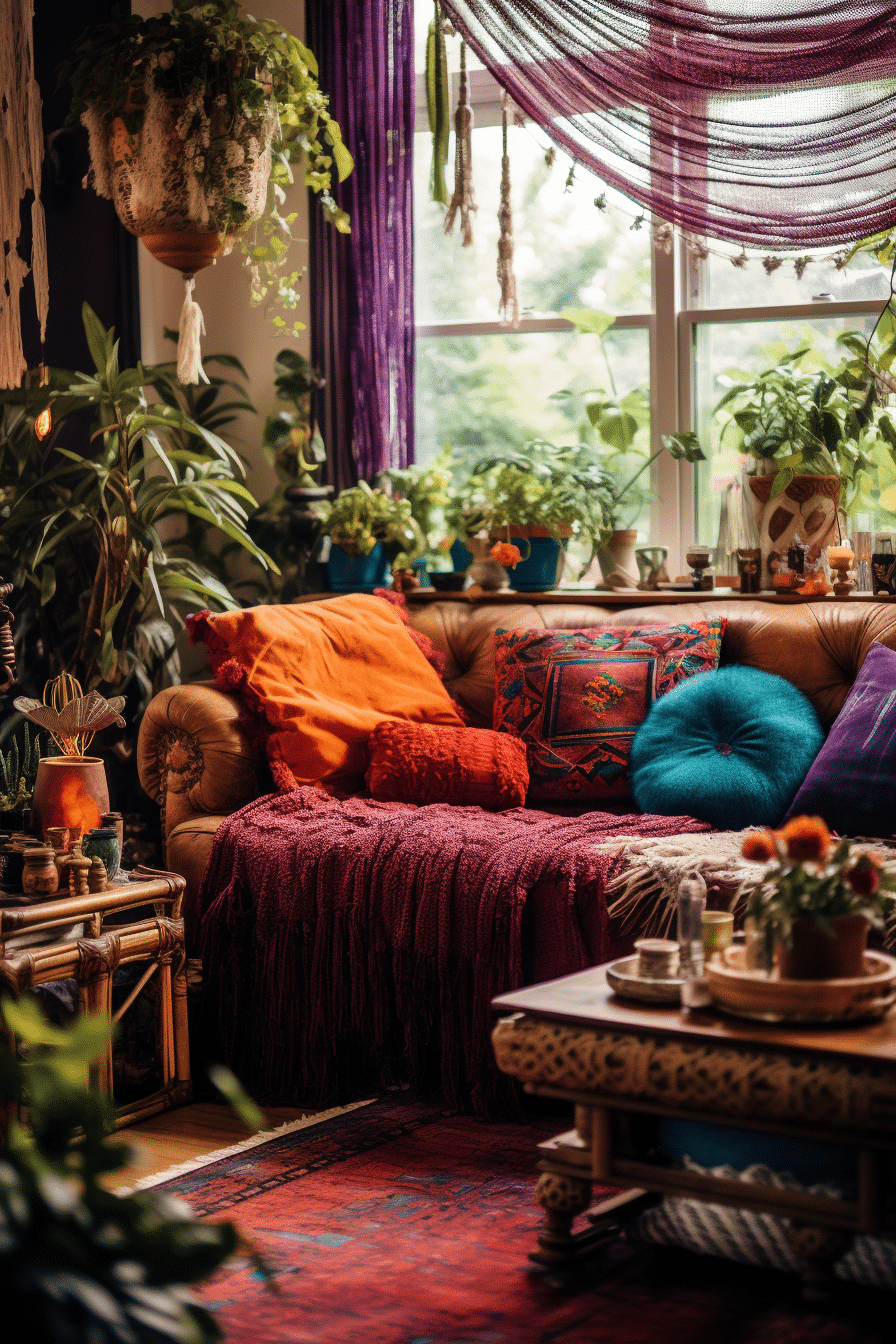 bohemian style living room jewel colors, fabrics, plants and succulents